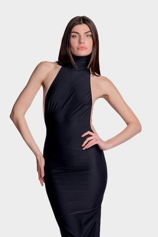 ISLAND COCO - LONG FITTED HIGH NECK DRESS - BLACK