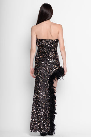 NEO BY LONDON - LONG DRESS WITH SEQUINS AND SPLIT WITH FEATHERS - BLACK AND GOLD