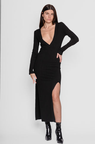 NEO BY LONDON - LONG DRESS WITH SPLIT AND V-NECK - BLACK